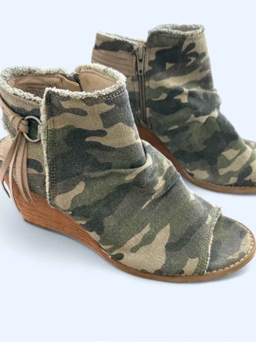 Very G Keely camo wedge booties fringe tassel Boho chic western